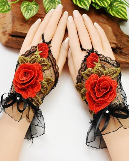 Specell Embroidered Flowers Lace Fingerless Gloves - for Bridal Wedding Cocktail Tea Party Evening Prom Costumes Cosplay