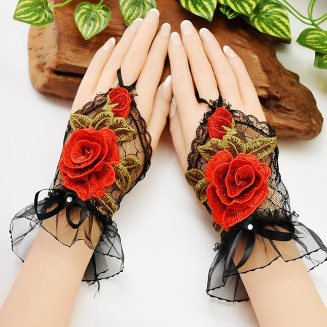Specell Embroidered Flowers Lace Fingerless Gloves - for Bridal Wedding Cocktail Tea Party Evening Prom Costumes Cosplay