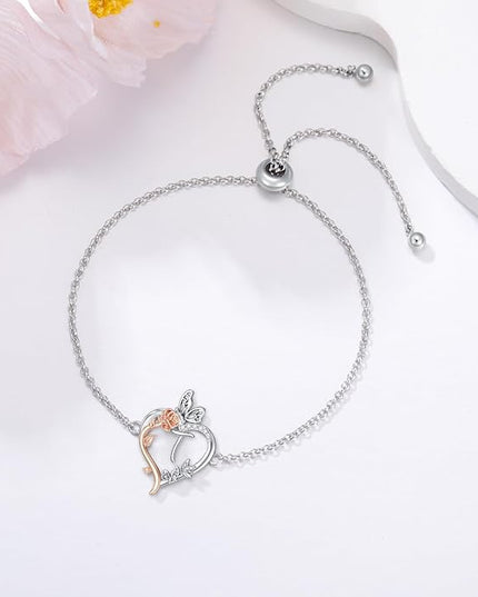TOUPOP Gifts for Women Rose Heart Initial Bracelet 925 Sterling Silver Butterfly Letter Link Bracelet Love Jewelry Valentines Day Birthday Gifts for Her Wife Girlfriend Mom