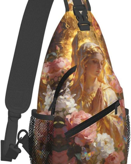 Our Lady of Guadalupe Sling Bag Crossbody Bags Clovers Chest Bag for Travel Hiking for Men Women Golden Mary 6
