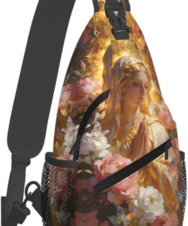 Our Lady of Guadalupe Sling Bag Crossbody Bags Clovers Chest Bag for Travel Hiking for Men Women Golden Mary 6