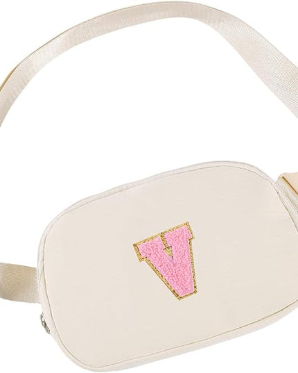 Glratn Initial Letter Fanny Pack for Girls,Patch Belt Bag,Toddler Crossbody Bags，Gifts for 3 4 5 6 7 8 9 10 11 37 Year Old Teens Kids,Christmas Graduation Gifts for Teen Girls ，(Beige-V)