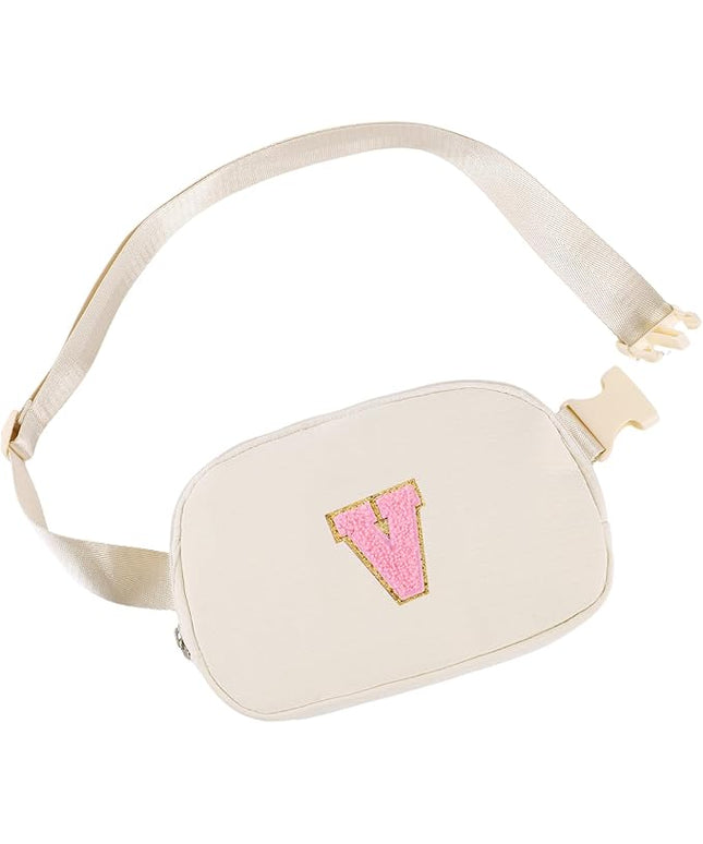 Glratn Initial Letter Fanny Pack for Girls,Patch Belt Bag,Toddler Crossbody Bags，Gifts for 3 4 5 6 7 8 9 10 11 37 Year Old Teens Kids,Christmas Graduation Gifts for Teen Girls ，(Beige-V)
