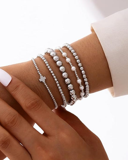 Gold Beaded Bracelets for Women, 14K Real Gold Plated Jewelry for Women Dainty Pearl Bead Bracelets Stack, Non Tarnish Trendy Stackable Ball Cross Stretch Bracelet Set Fashion Accessories Gifts