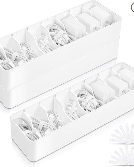 Tatuo 2 Pcs Cable Organizer with 20 Wire Ties, Plastic Cord Storage Charger Electronics Box with Adjustment Compartments for Drawer Home Office Desk Accessories (White)