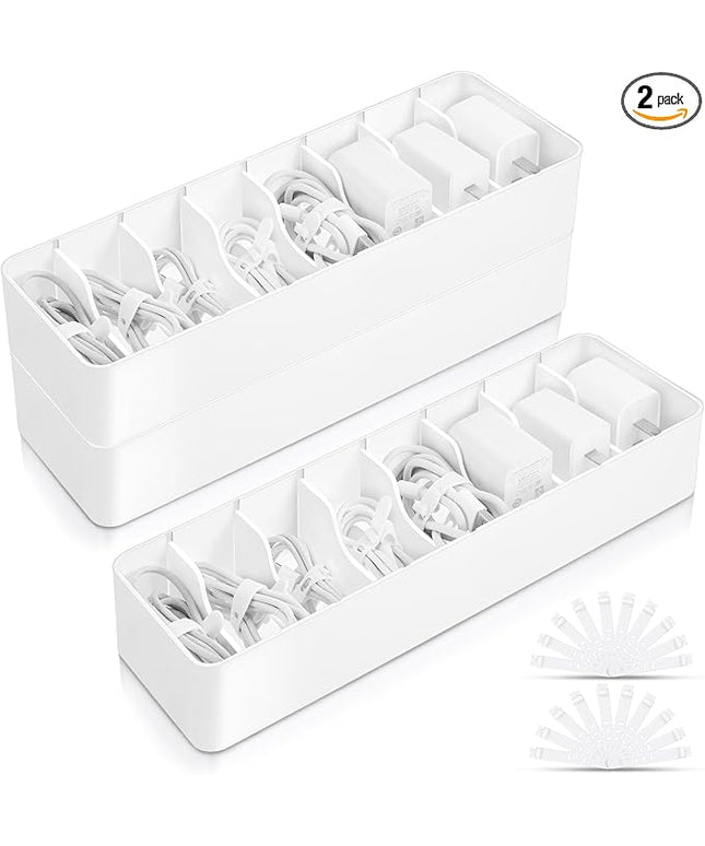 Tatuo 2 Pcs Cable Organizer with 20 Wire Ties, Plastic Cord Storage Charger Electronics Box with Adjustment Compartments for Drawer Home Office Desk Accessories (White)