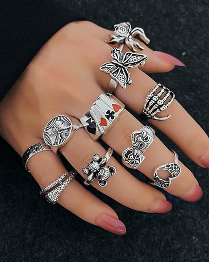 KISS WIFE Cool Rings Set for Women, Vintage Silver Punk Rings Bulk, Gothic Chunky Knuckle Emo Stackable Finger Ring Pack Western Jewelry Gift for Her
