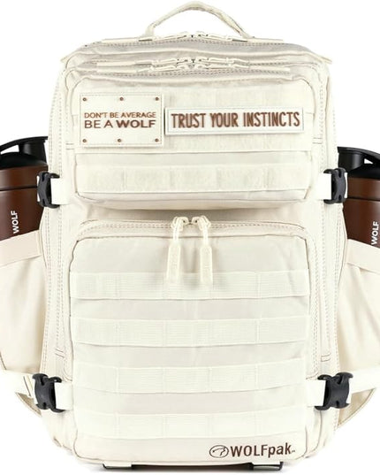 WOLFpak 35L Athletic Gym Backpack - Durable 1000D Waterproof Oxford Material with MOLLE Webbing, Laptop Pocket & Dual Cup Holders, Durable Fitness/Travel/Military Daypack (Vanilla)