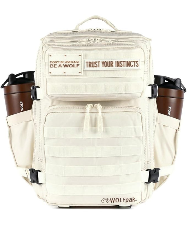 WOLFpak 35L Athletic Gym Backpack - Durable 1000D Waterproof Oxford Material with MOLLE Webbing, Laptop Pocket & Dual Cup Holders, Durable Fitness/Travel/Military Daypack (Vanilla)