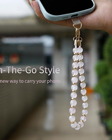 Marble Beaded Phone Wrist Strap,Detachable Phone Bracelet Strap with Tether Tab,Hands-Free Wristlet Strap (White crystal)