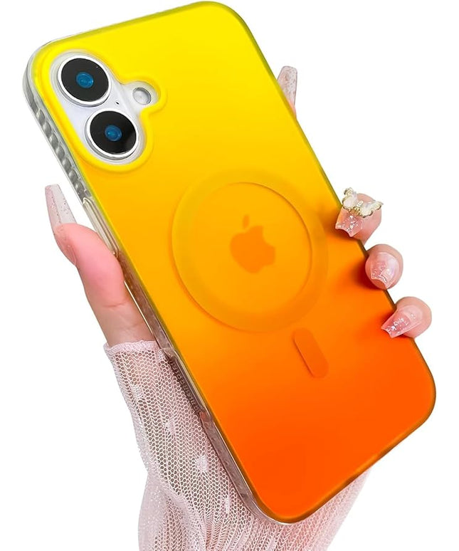 Aesthetic Case for iPhone 17 Case for Women Girls [Compatible with Magsafe] Cute Girly Trendy Glitter Sparkly Rainbow Magnetic Protective Phone Cover, Matte Iridescent Yellow & Orange