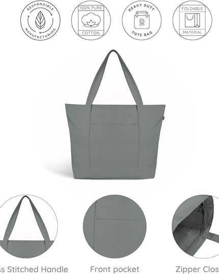 Eco Right Canvas Tote Bag for Women with Zip & Inner Pocket, 100% Organic Cotton Tote Bags for Men, Shopping, Beach