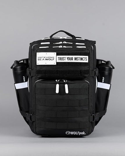 WOLFpak 35L Athletic Gym Backpack - Durable 1000D Waterproof Oxford Material with MOLLE Webbing, Laptop Pocket & Dual Cup Holders, Durable Fitness/Travel/Military Daypack (Alpha Black White Accents)