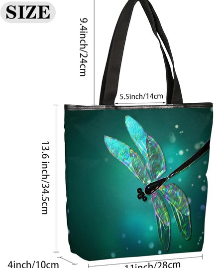Dragonfly Cute Canvas Tote Bags, Eco Friendly Reusable Grocery Shopping Bags for Beach, Books, Women & Girls With Zipper Inner Pocket