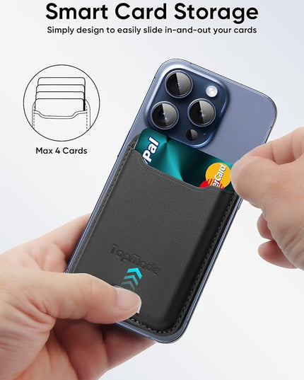 TopMade Phone Card Holder, Premium Leather Phone Wallet Stick on, Stronger 3M Adhesive Credit Card Holder for Back of Phone Case, iPhone, Samsung, and Android, RFID Blocking, Fit 4 Cards, Black