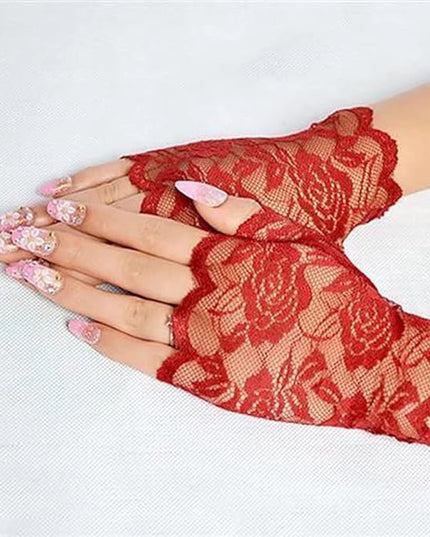Women's Short Lace Gloves Fingerless for Driving Wedding Wrist Length Bridal Prom Gloves
