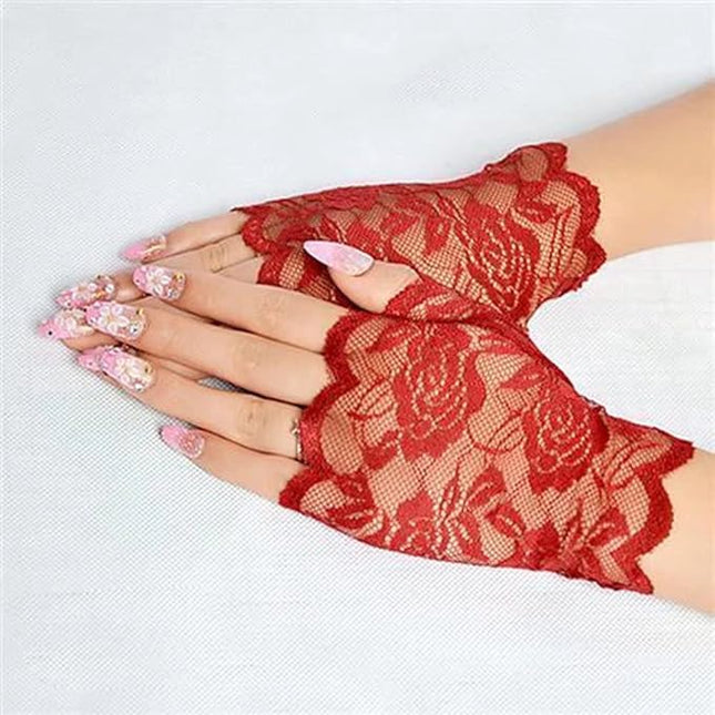 Women's Short Lace Gloves Fingerless for Driving Wedding Wrist Length Bridal Prom Gloves