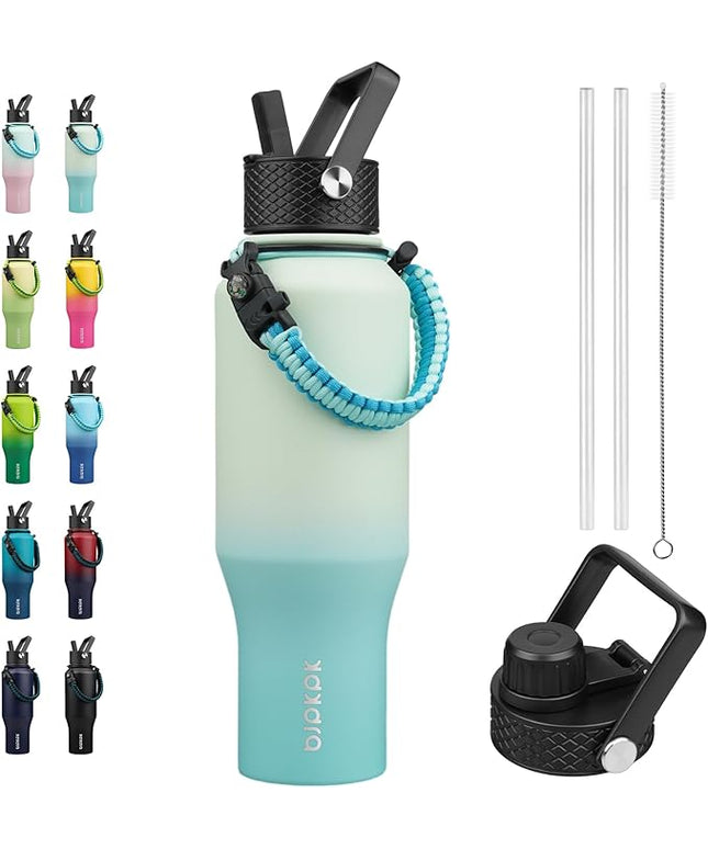 BJPKPK Insulated Water Bottles with Straw Lid, 35oz Metal Water Bottle with 2 lids & Paracord Strap, Double Wall Stainless Steel Vacuum Tumblers, Cups, Mugs, Thermo for Hot& Cold Drinks, Mint