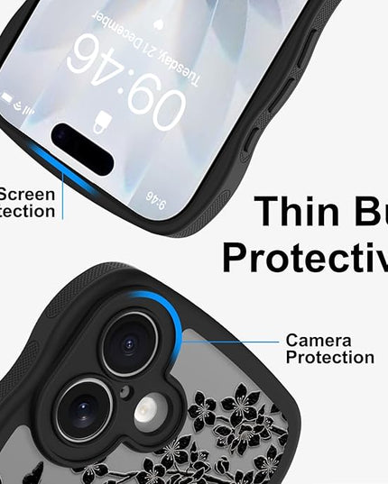 Wavy Case for iPhone 17 Case with Stand [Compatible with MagSafe] Cute Black Cat & Floral & Butterflies Pattern Design, Kawaii 360 Magnetic Ring Kickstand Phone Cover for Women Girls