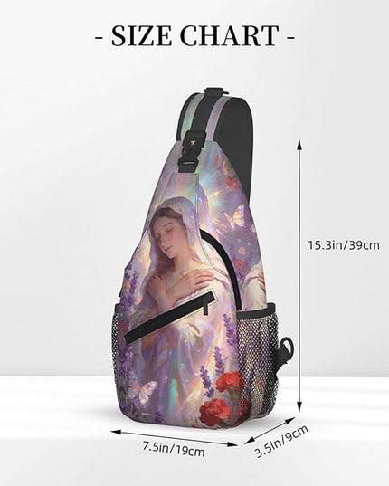 Our Lady of Guadalupe Sling Bag Crossbody Bags Clovers Chest Bag for Travel Hiking for Men Women Lavender Mary