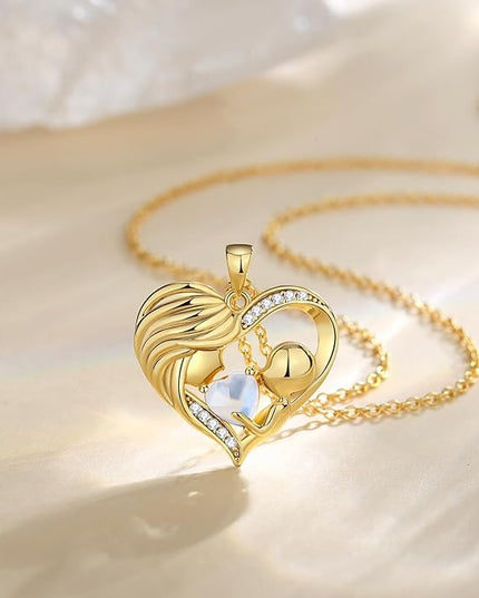 FANCIME Mom Birthstone Necklace Mother and Child Love Heart Necklace I Love You Mom Gifts Mothers Day Birthstone Jewelry Gifts for Grandmother Women Wife, 16"+2" Inches