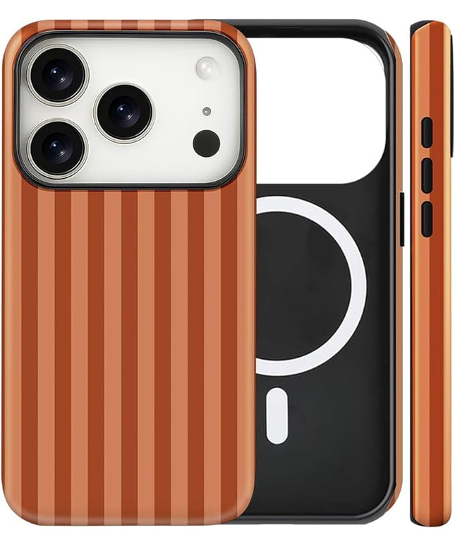 Magnetic for iPhone 17 Pro Case Cute Stripes Phone Case, Shockproof Slim TPU and Hard PC Protective Phone Cover Compatible with MagSafe Designed for Women Girls, Deep Brown