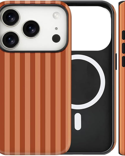 Magnetic for iPhone 17 Pro Max Case Cute Stripes Phone Case, Shockproof Slim TPU and Hard PC Protective Phone Cover Compatible with MagSafe Designed for Women Girls, Deep Brown