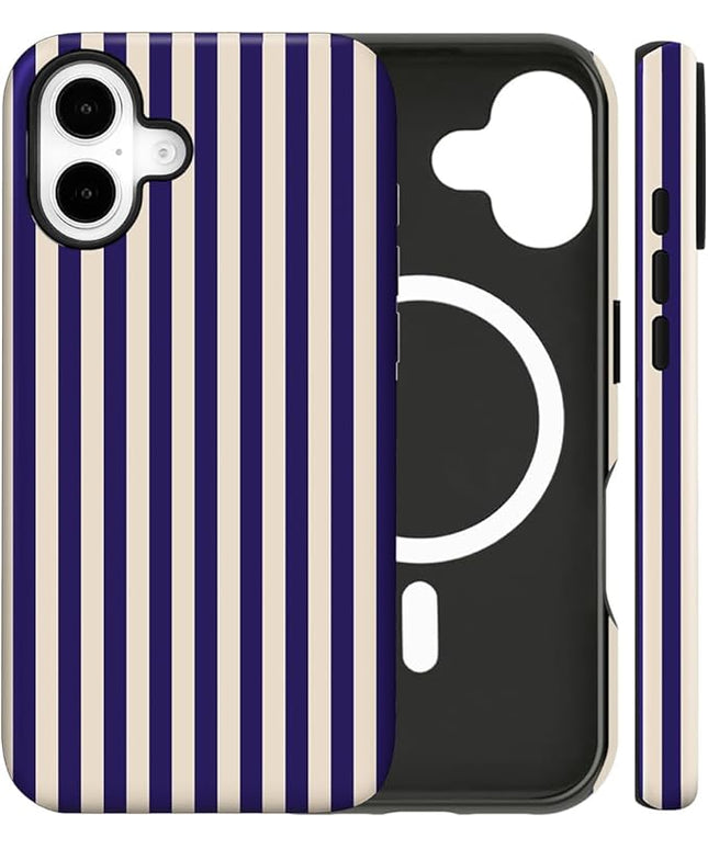 Magnetic for iPhone 17 Case Cute Stripes Phone Case, Shockproof Slim TPU and Hard PC Protective Phone Cover Compatible with MagSafe Designed for Women Girls, Deep Purple