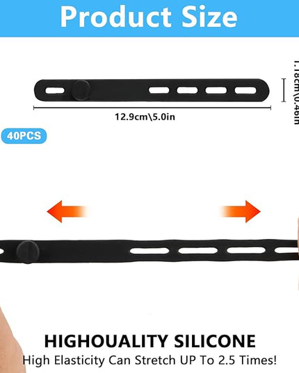 40 Pcs Black Silicone Cable Ties, Reusable Cable Straps Wire Organizer, Cable Management Cord Organizer for Fastening Earphone Phone Charger Home Office Desk Kitchen Appliances Cable Cords Wires