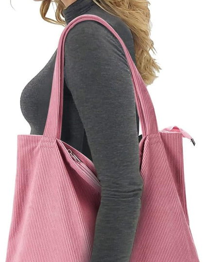 KALIDI Women Corduroy Tote Bag Zipper Casual Tote's Handbag Big Capacity Shoulder Bag with Pockets