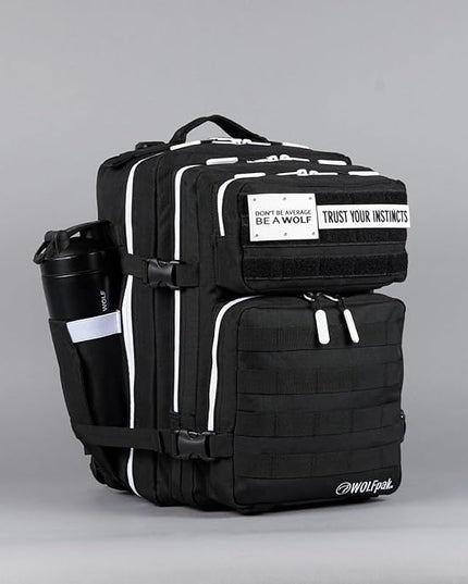 WOLFpak 35L Athletic Gym Backpack - Durable 1000D Waterproof Oxford Material with MOLLE Webbing, Laptop Pocket & Dual Cup Holders, Durable Fitness/Travel/Military Daypack (Alpha Black White Accents)