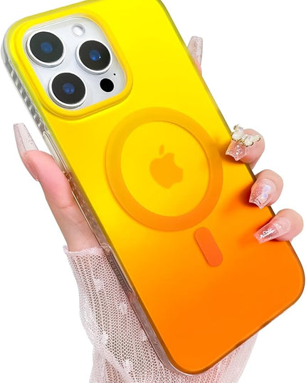 Aesthetic Case for iPhone 16 Pro Case for Women Girls, Compatible with Magsafe, Cute Girly Trendy Glitter Sparkly Rainbow Magnetic Protective Phone Cover, Matte Iridescent Yellow & Orange