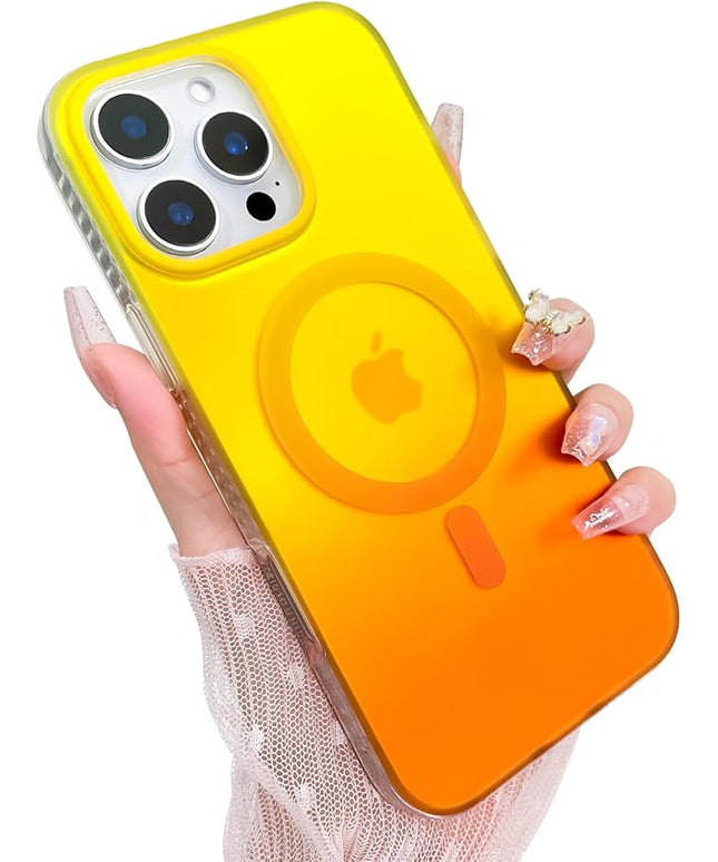 Aesthetic Case for iPhone 16 Pro Case for Women Girls, Compatible with Magsafe, Cute Girly Trendy Glitter Sparkly Rainbow Magnetic Protective Phone Cover, Matte Iridescent Yellow & Orange