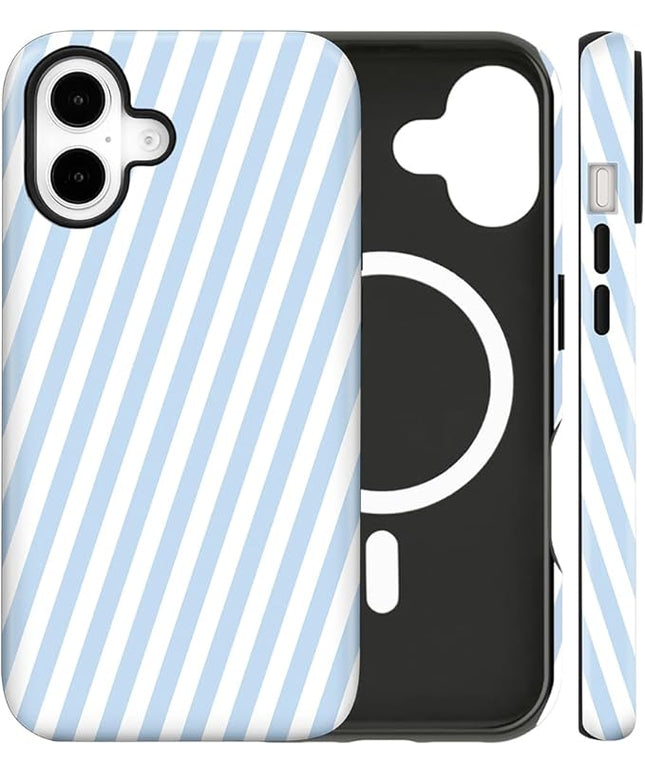Magnetic for iPhone 17 Case Cute Diagonal Stripes Phone Case, Shockproof Slim TPU and Hard PC Protective Phone Cover Compatible with MagSafe Designed for Women Girls,Blue