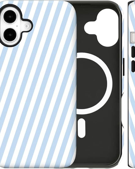 Magnetic for iPhone 16 Case Cute Diagonal Stripes Phone Case, Shockproof Slim TPU and Hard PC Protective Phone Cover Compatible with MagSafe Designed for Women Girls,Blue