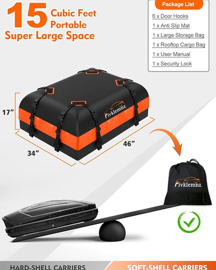 FIVKLEMNZ Car Rooftop Cargo Carrier Roof Bag Waterproof for All Top of Vehicle with/Without Rack Includes Topper Anti-Slip Mat + Reinforced Straps + 6 Door Hooks + Luggage Lock