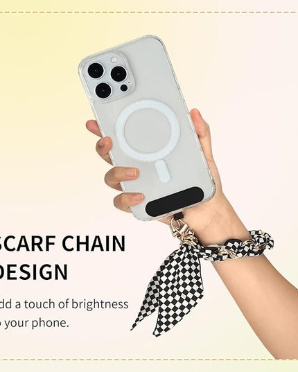 Fycyko Phone Wrist Strap with Gold Metal Scarf and Universal Tether Tab, Aesthetic Print Design Ribbon Chain, Multi-Purpose Accessories for Bag Key Cellphone for Men Women Girls-Black Checkerboard
