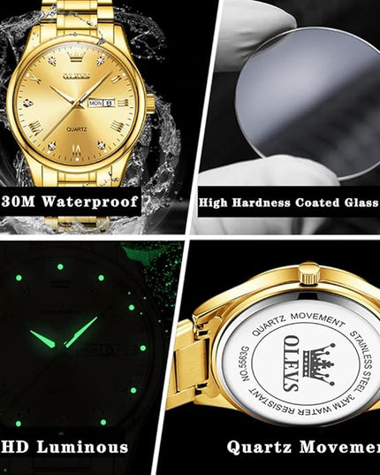 OLEVS Men's Luxury Watch Waterproof Luminous Easy Read Chronograph Watches Full Gold/White Dail/Black Face with Calendar Wristwatch