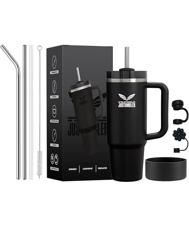 40 Oz Insulated Tumbler with Handle and Straw, Stainless Steel Coffee Travel Mug with Lid, Leak Proof Water Bottle with Accessories, Black