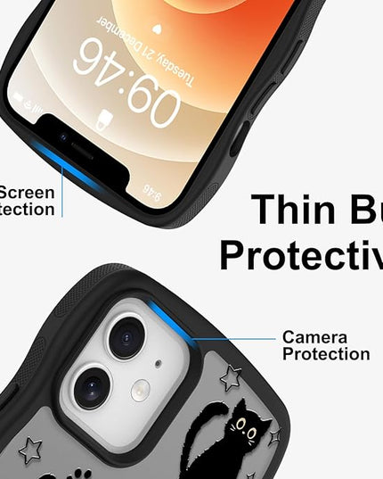 Cute Case for iPhone 12 Case [Compatible with MagSafe] with Kawaii Black Cats Cat Print Pattern Design for Women Girls, Soft Wavy Edge Anti-Slip Animal Magnetic Protective Phone Cover