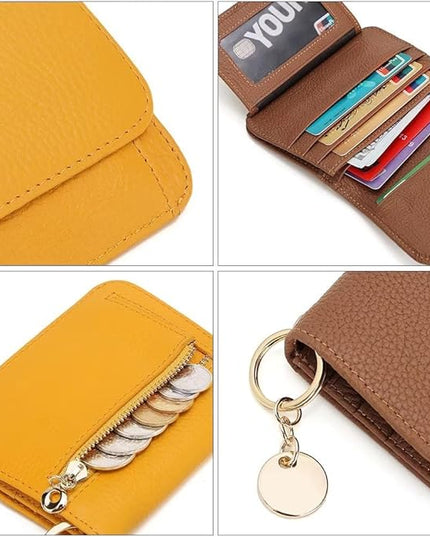 Mudono Small Wallet for Women RFID Blocking Genuine Leather Card Case Slim Tri-Fold Wallet with Zipper Pocket and Keychain