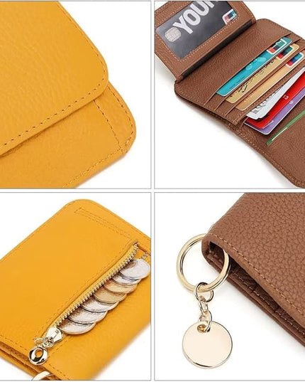 Mudono Small Wallet for Women RFID Blocking Genuine Leather Card Case Slim Tri-Fold Wallet with Zipper Pocket and Keychain