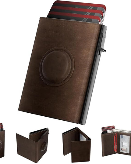 Mens Wallet with AirTag Holder: Smart Wallet Compatible with Apple AirTag, Pop Up Card Case, Top Grain Leather, RFID Blocking, Slim, Minimalist, 9-14 Card Capacity | ID Window | Cash Slot (Brown)
