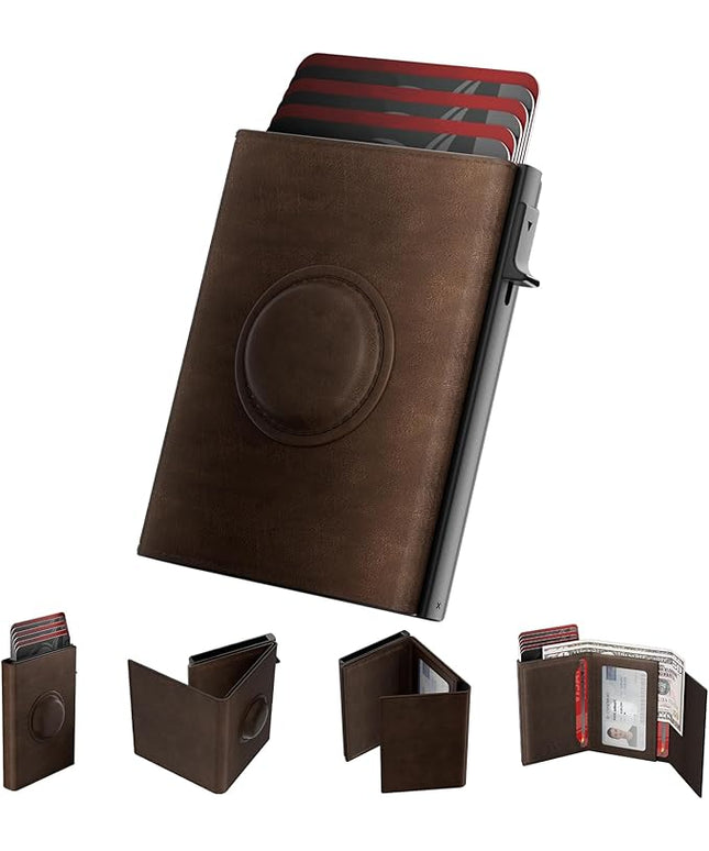 Mens Wallet with AirTag Holder: Smart Wallet Compatible with Apple AirTag, Pop Up Card Case, Top Grain Leather, RFID Blocking, Slim, Minimalist, 9-14 Card Capacity | ID Window | Cash Slot (Brown)