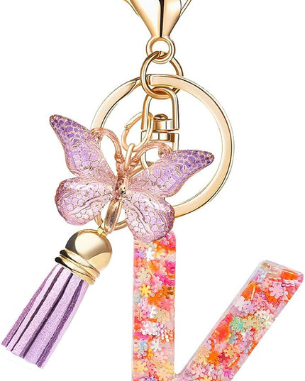 Fashion Alphabet Initial Letter Keychain Tassel Butterfly Pendant Key Ring for Purse Handbags Women Girl