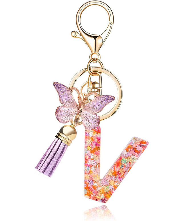 Fashion Alphabet Initial Letter Keychain Tassel Butterfly Pendant Key Ring for Purse Handbags Women Girl