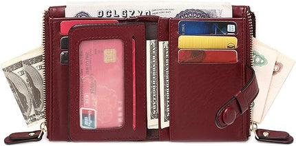 AOXONEL Women's Wallets Leather Wallets for Women Rfid Small Ladies Wallet Billfolds for Women,Trifold Mini Wallets for Women with Double Zipper Coin Pocket (Red)