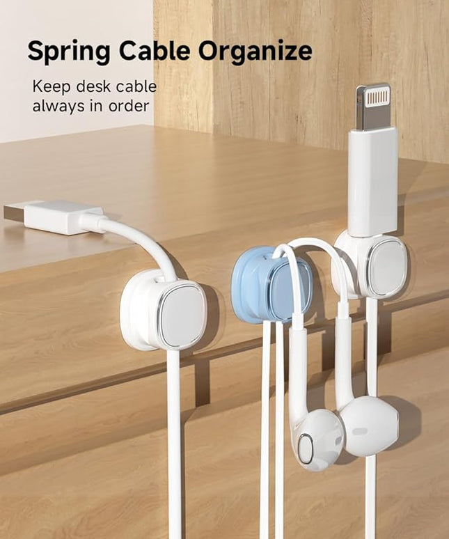 9 Pack Cord Organizer, Spring Cable Management, Adhesive Cute Cable Holder Clips, Phone Charger Wire Keeper for Desk Nightstand Car Office (9-Pack White_Blue)