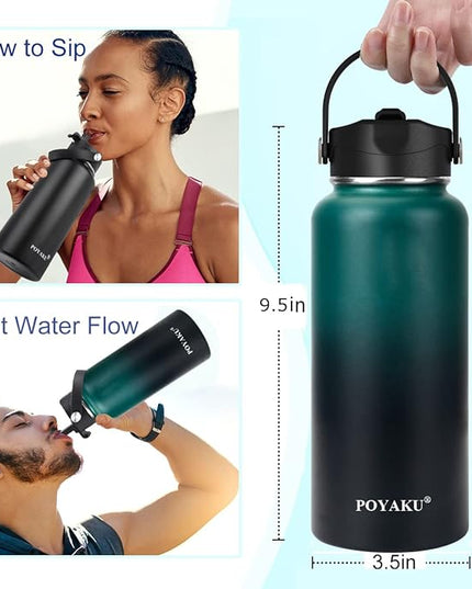 Water Bottle Insulated 32oz 40oz 64oz 128oz Straw Lid Spout Lid & 3 Lids, Leak Proof, Vacuum Insulated,Stainless Steel Water Bottle Wide Mouth for Sports, Gym or Office