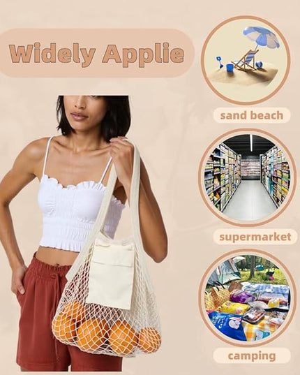 Extra Long Handle Farmers Market Bag with Utility Pocket, Cotton Mesh Tote, Reusable Mesh Produce Bags, Machine Washable for Produce and Grocery Hauls(4 Pcs)